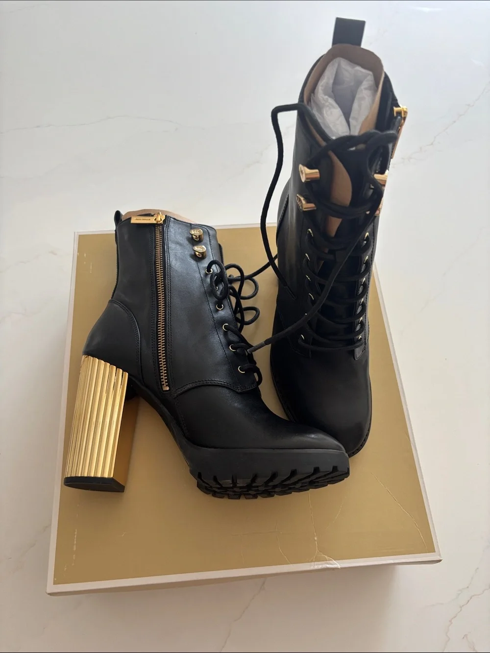 Michael Kors Black Leather Porter Lace-Up Ankle Boots with Gold Heel